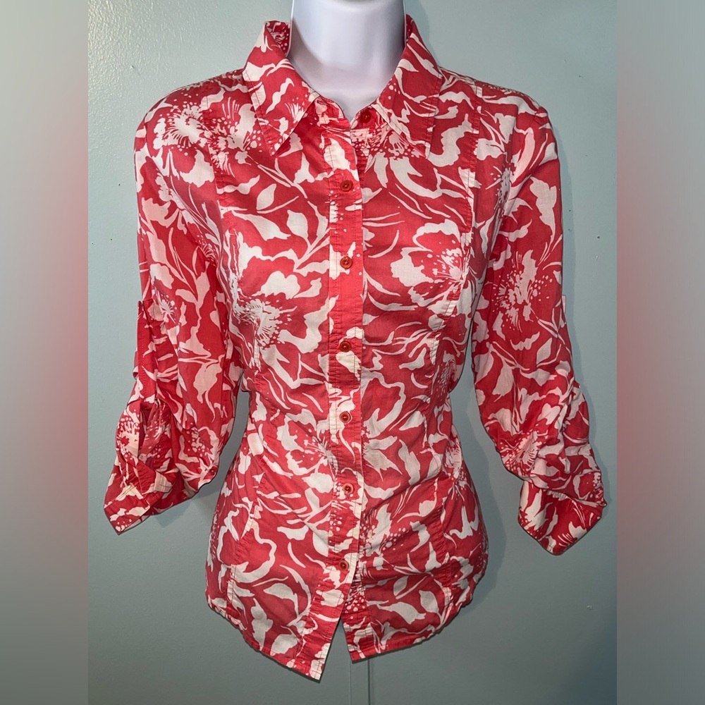 Jones New York Button Up Blouse Size Small Pink‎ White